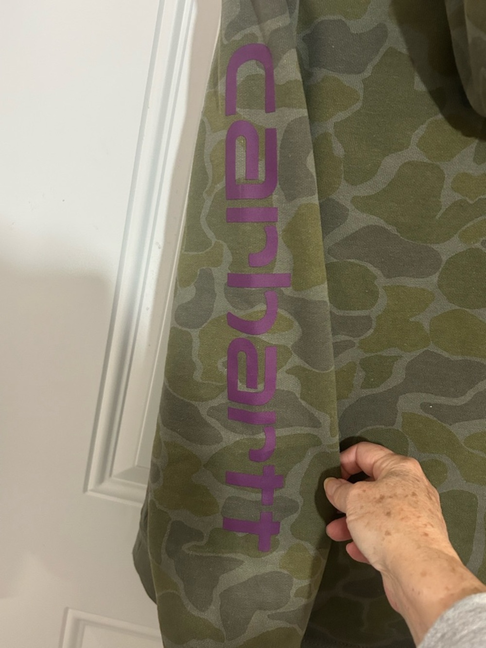Carhartt Olive Camo Hoodie with Bright Purple Hood - Picture 7 of 7